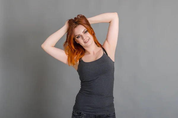 Attractive Woman Red Hair Gray Tank Top Posing Dark Blue — 图库照片