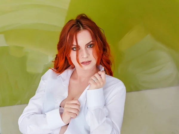 Beautiful Redhead Woman White Shirt Light Green Background Big Breasts — Stock Photo, Image