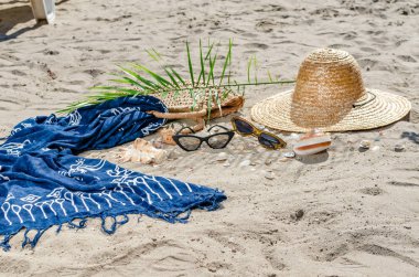 Hasır şapka, çanta, gadget, güneş gözlüğü, kabukları ve yeşil yaprakları yalan 