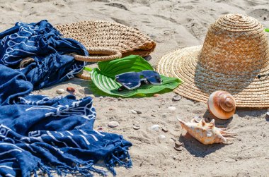 Hasır şapka, çanta, gadget, güneş gözlüğü, kabukları ve yeşil yaprakları yalan 