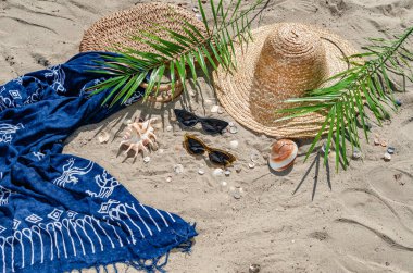 Hasır şapka, çanta, gadget, güneş gözlüğü, kabukları ve yeşil yaprakları yalan 