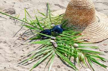 Hasır şapka ve güneş gözlüğü ile palmiye yaprakları kum üzerinde olmak