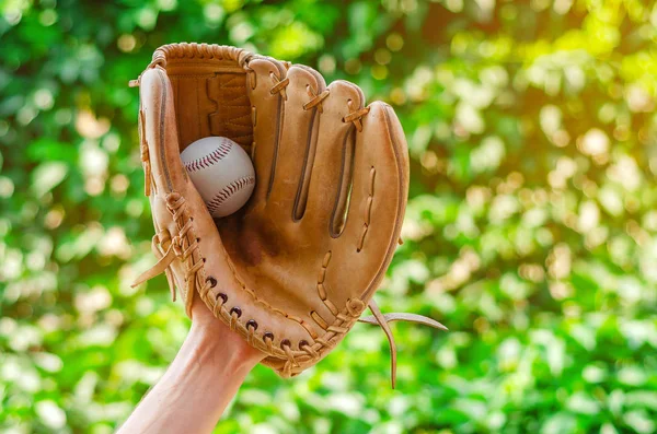 Mano masculina en un guante de cuero de béisbol atrapó una pelota en un b verde —  Fotos de Stock