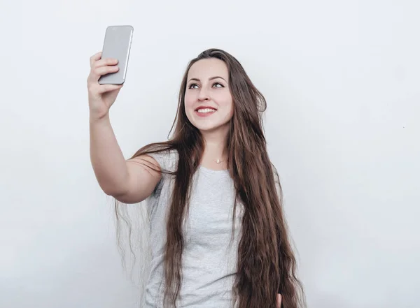 Jolie Fille Prenant Selfie Sur Caméra Téléphone Portable — Photo