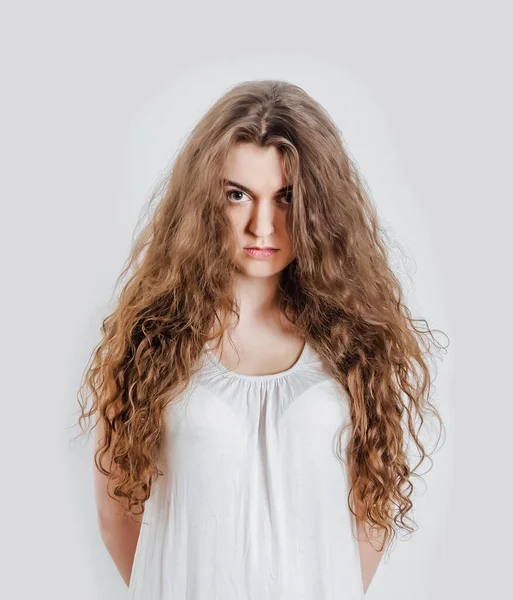 Girl Flowing Curly Hair Looks Camera Offended Look Forehead — Stock Photo, Image