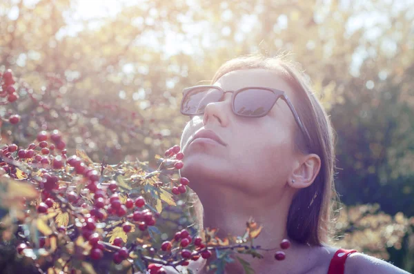 Jolie Femme Lunettes Soleil Près Buisson Arbre Avec Des Baies — Photo