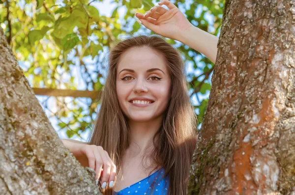 Молода Жінка Довгим Волоссям Спирається Гілку Дерева Влітку Сонячний День — стокове фото