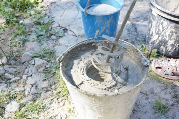 Concrete Mixing Electrical Drill Mixer Concrete Mixing House Construction Site — Stock Photo, Image