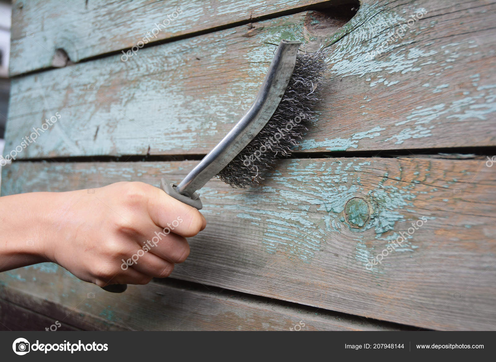 Worker Remove Old Paint Wooden Wall Metal Brush Berore Painting Stock