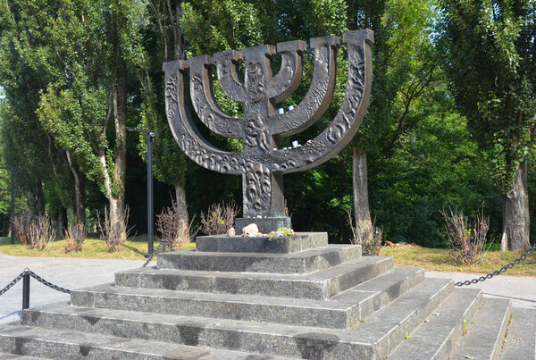 KIEV - UKRAINE SEPTEMBER - 03,  2018: A menorah memorial dedicated to jewish people executed in 1941 in Babi Yar in Kiev by German forces. Holocaust.