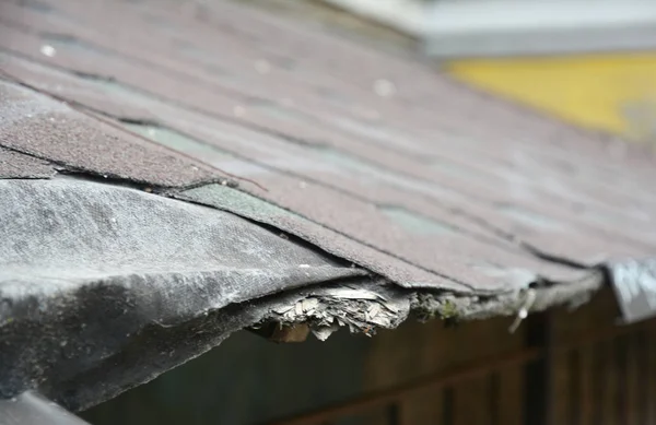 Asphaltschindeln Beschädigt Reparatur Beschädigter Dachschindeln — Stockfoto