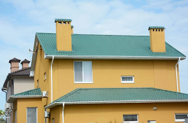 Residential House Metal Green Color Roof Chimney Attic Roof Gutter — Stock Photo, Image