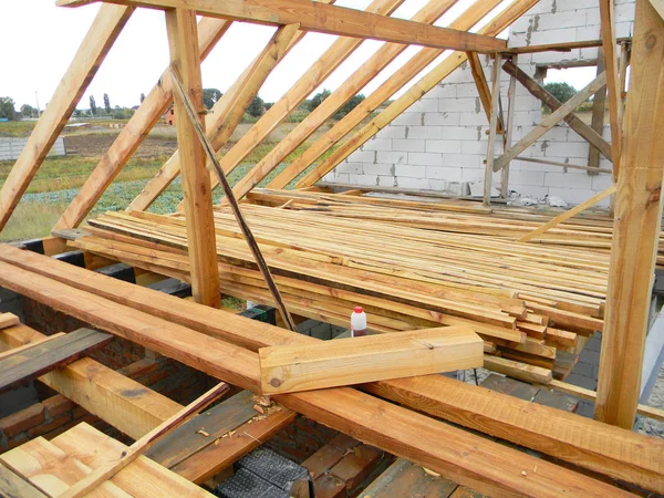 Unfinished House Roofing Construction Trusses Timber — Stock Photo, Image