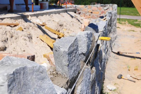 Будівництво Стін Фундаменту Будинку Каменю Бетону — стокове фото