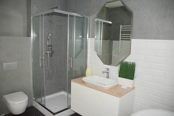 Intérieur Salle Bain Grise Avec Cabine Douche Avec Parois Vitrées — Photo