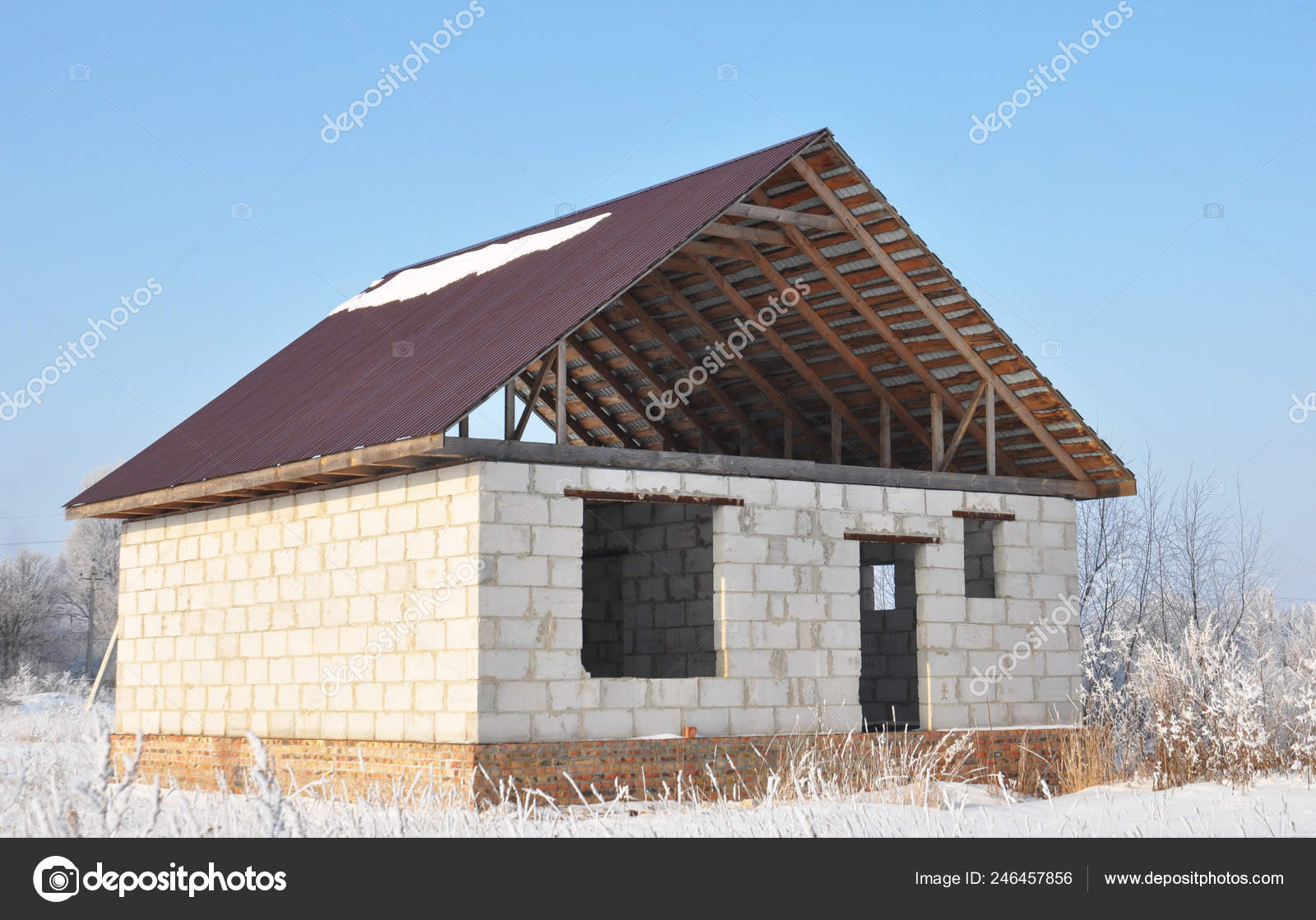 Building House Metal Roof Trusses Rafters Winter Stock Photo