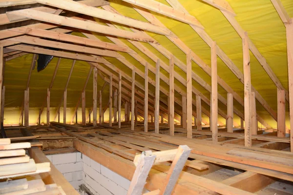 Roofing Construction Interior. Wooden Roof Beams, Wooden Frame, Rafters, Trusses,  House Attic Construction.