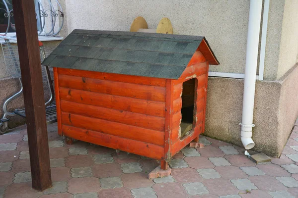 Una perrera de madera en el patio. Casa de perro de madera cerca de la pared de la casa para la protección del hogar . — Foto de Stock