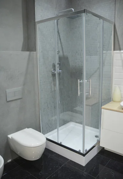 Роскошная ванная комната Wodern в серых тонах с душем и белый туалет — стоковое фото