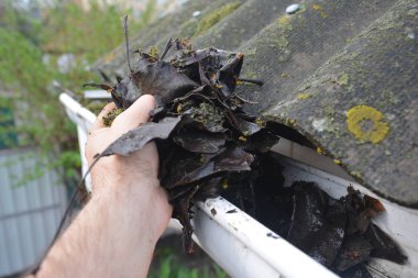 Baharda Yapraklar 'dan Çatı Temizleyici Yağmur Çukuru. Çatı oluğu temizleme ipuçları. Cüzdanını temizlemeden önce oluklarını temizle. Oluk Temizleme.