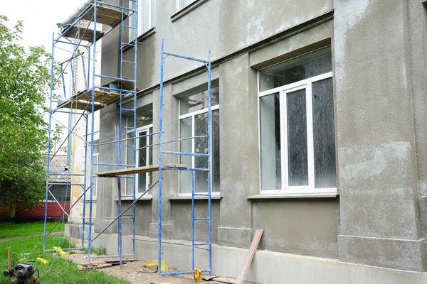 Renovación Fachada Edificio Mediante Aplicación Acabado Estuco Enlucido Acabado Las — Foto de Stock