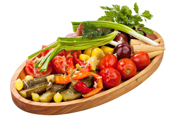 Picles Pepinos Conservados Escabeche Tomates Salgados Pimentos Cebolas Verduras Cogumelos — Fotografia de Stock