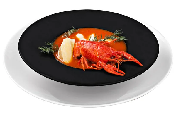 Crayfish Soup Crab Soup Tomato Black Plate White Background — Stock Photo, Image