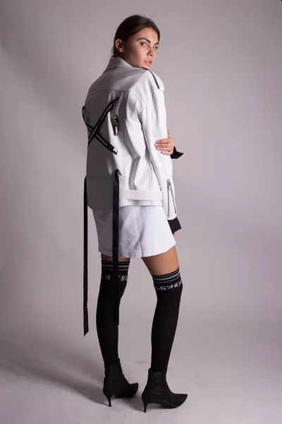 Young Beautiful Woman Posing Studio Wearing Black White Costume — Stock Photo, Image