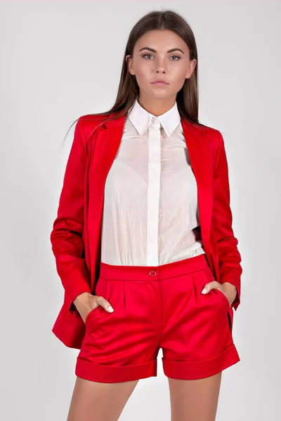 Young Beautiful Brunette Girl Posing Studio Wearing Red Costume — 스톡 사진