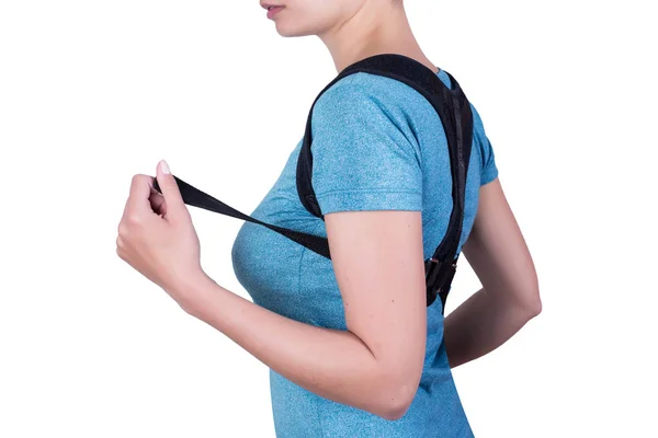 Frau Trägt Rückenstützgurt Zur Unterstützung Und Verbesserung Der Rückenhaltung Rückenhaltungskorrektur — Stockfoto