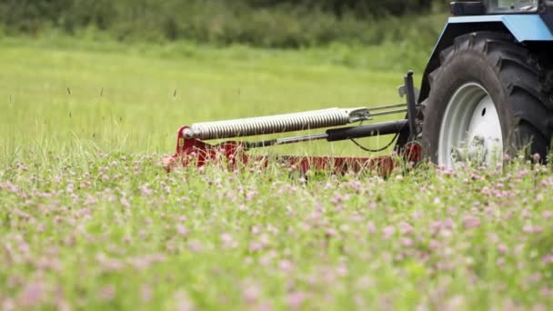 Modrý traktor s kombinovat připevnění sekání trávy na zelený jetel polí — Stock video