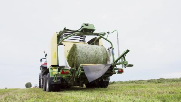 Tractor que lleva la pila llena de hierba en el campo de la granja — Vídeo de stock