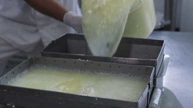 Fabrika lor yapım süreci. Adam işçi Fabrikası'nda lor süt peynir altı suyu ayıran
