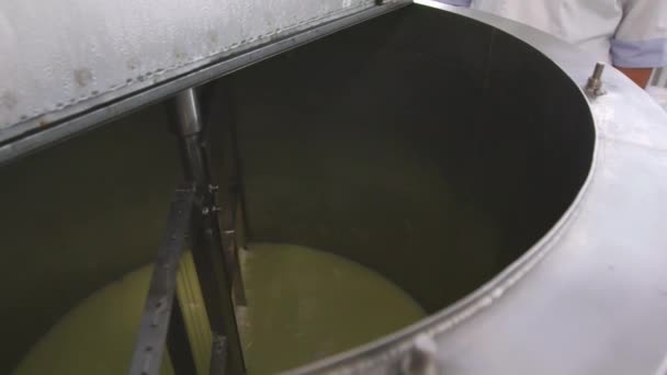 Fabriek besluitvormingsproces. Melk Wei en wrongel mengen in tank in boerderij fabriek — Stockvideo