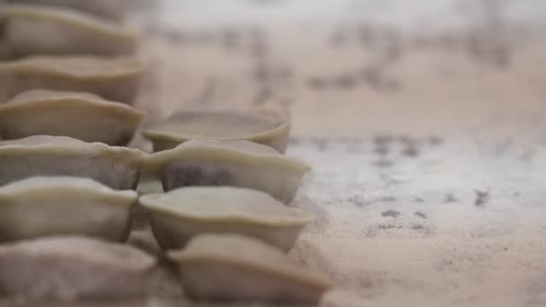 Συσκευασία φρέσκων ζυμαρικών σε μεταλλικό ταψί για τοποθέτηση στο ψυγείο — Αρχείο Βίντεο