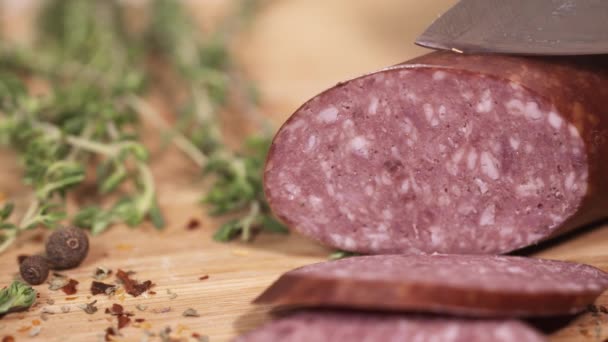 Νόστιμα κρέατα Ντελικατέσεν να κοπεί με μαχαίρι σε ξύλο κοπής δίπλα από βότανα — Αρχείο Βίντεο