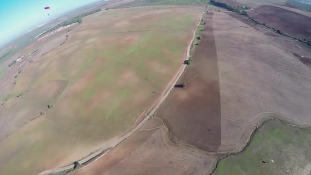 parachutiste professionnel voler en parachute dans le ciel. Paysage. Des champs. Débarquement .