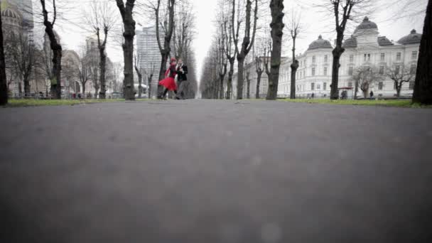Man in velvet suit and woman in red dress are dancing in park in winter season. — Stock Video