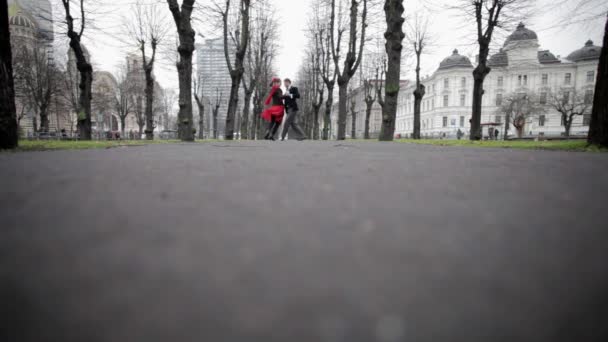 Chico en traje de terciopelo y chica en vestido rojo están bailando en el parque en temporada de invierno . — Vídeos de Stock