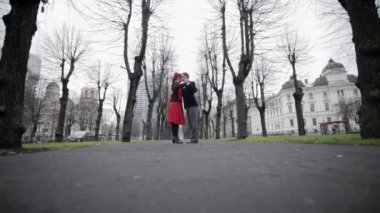 Erkek ve kadın duygusal olarak gri kış park çıplak ağaçlar arasında tango dans