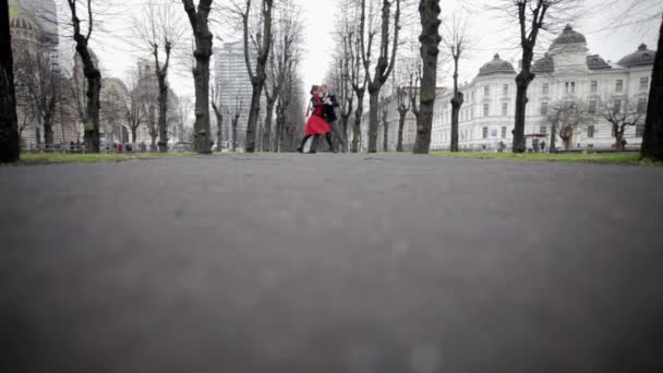 Man en vrouw dansen tango in lege park omgeven door bomen en gebouwen — Stockvideo