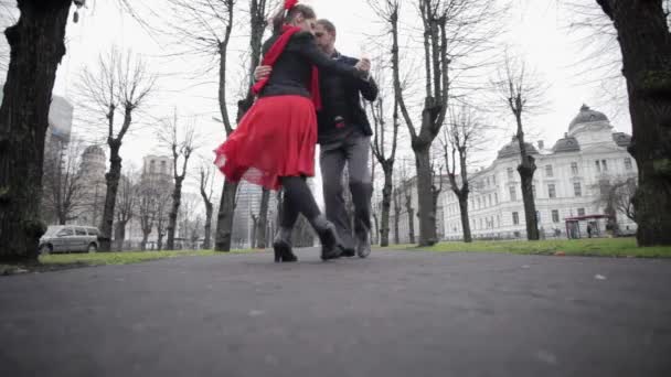 Man and woman emotionally dance tango in winter street surrounded by naked trees — Stock Video