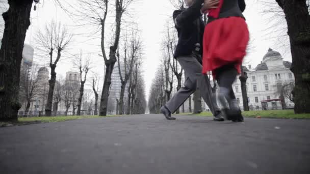 Cute man and pretty woman perform in winter street surrounded by naked trees — Stock Video