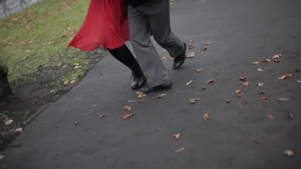 Mans e le gambe della donna ballando in strada su un terreno coperto con foglie gialle — Video Stock