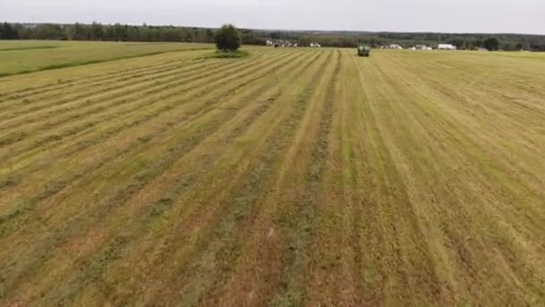 Камера показывает зеленый длинный трейлер с тюками сена на большом желтом вспаханном поле — стоковое видео