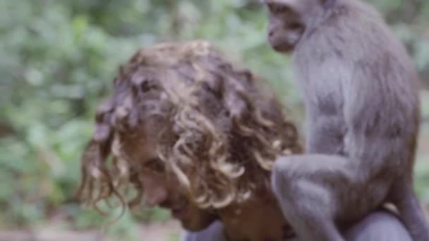 Portrait de jeune homme mignon avec de longs cheveux bouclés et singe sur ses épaules — Video