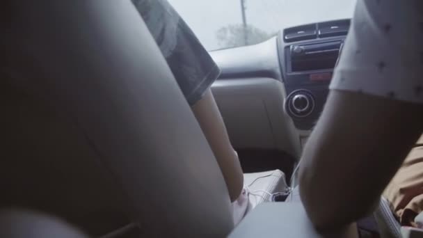 Молодая пара сидит в машине и едет где-то в сельской местности в пасмурный день — стоковое видео