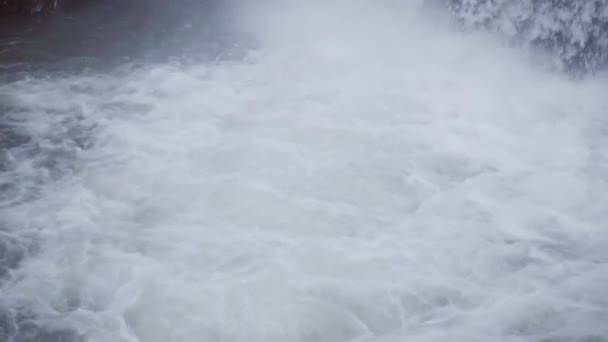 Jovem homem nu com cabelos longos está nadando no rio logo abaixo da cachoeira — Vídeo de Stock