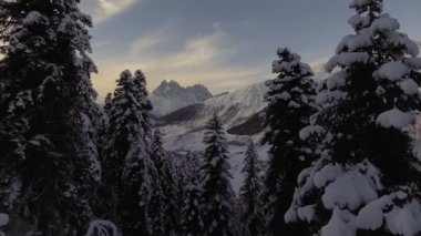 Büyüleyici kış manzara buzlu woods, karlı tepeler, güzel dağları