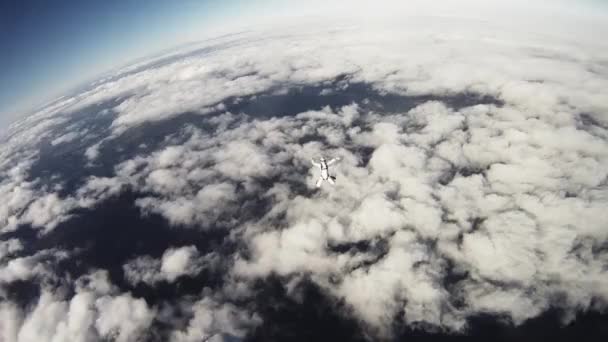 Moskova, Rusya - 10 Eylül 2016: Skydivers freestyle bulutlu gökyüzü içinde. Güneşli akşam. Adrenalin. Elini tutarak. — Stok video